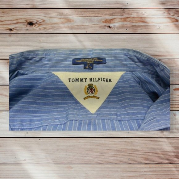 Tommy Hilfiger  Size 17 long Sleeve Blue Stripe Men's Shirt - Picture 5 of 7